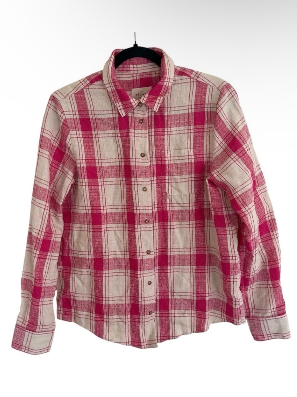 Sezane Tomboy Linen Blend Shirt in Pink Ivory Maxi Check NWT US 6 FR 38
